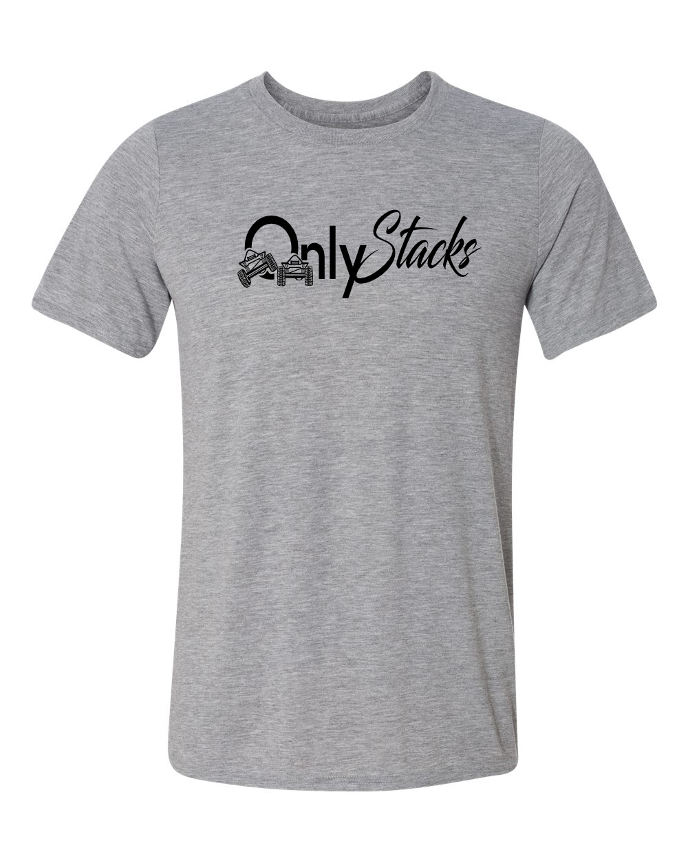 Image of Grey short sleeve with shirts with two stacked vehicles with the words only stacks on the front